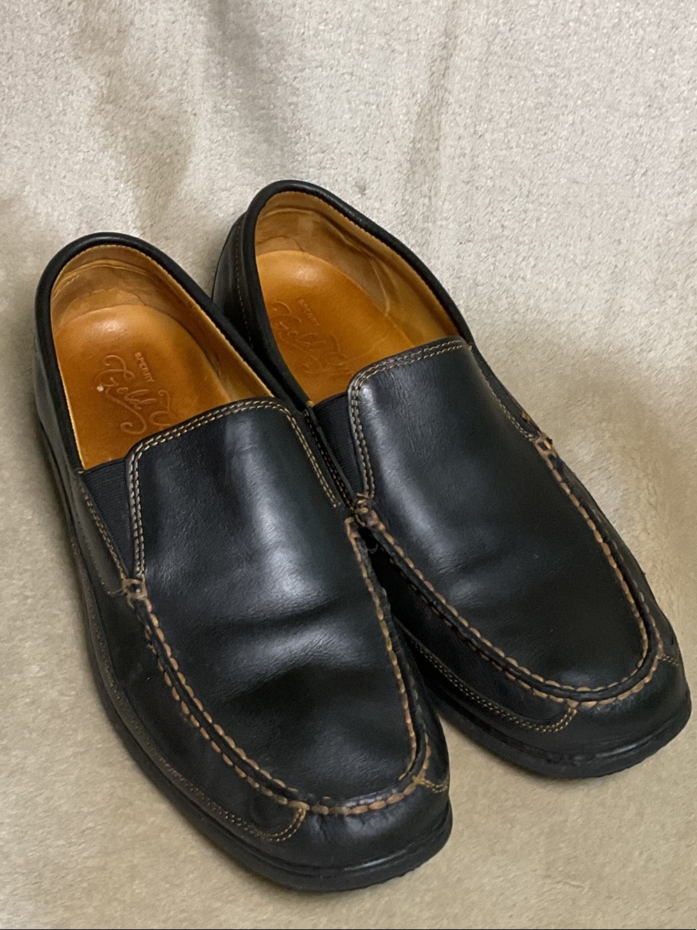 Men's Sperry Black Leather Gold Cup Slip On Loafers Size 13
